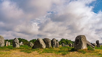 menhir, kameny, mraky, stojící kameny, carnac, brittany, Francie, Příroda, krajina, nebe