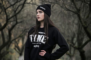 woman, beanie, sweater, forest, fall, fashion portrait, outdoor, trees, posing, black clothing, nature