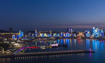 bygninger, ocean, moler, både, skyline, natlys, By lys, nat scene, havet