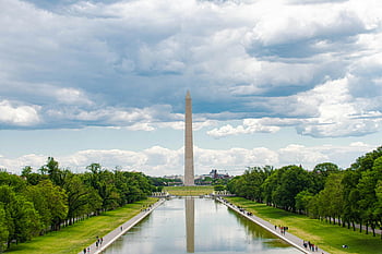Lincoln Memorial Reflecting Pool, Washington Monument, cloudy sky, scenic view, Washington D.C., reflections, outdoor, landmark, historic site, tourist attraction, national monument