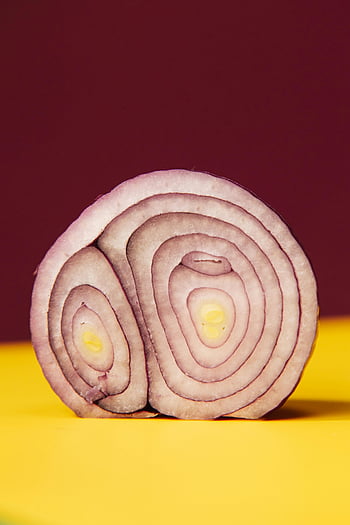 nakrájenou červenou cibulkou, zářivá cibule, žluté pozadí, burgundské pozadí, Čerstvá cibule, Organické vzory, plátky cibule, detaily červené cibule, barevná cibule, cibulové kroužky, cibulová textura