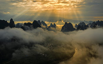 clouds, sea Of Clouds, sunrise, sunrays, mountains, li River, china, nature, landscape, sunray, guilin