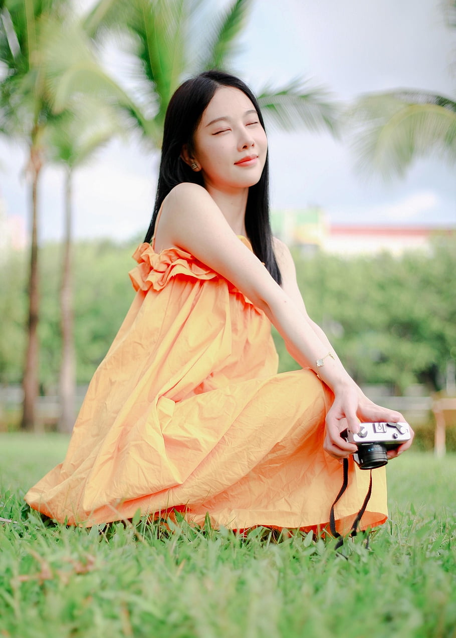 girl, model, camera, lawn, grassland, nature, summer, outdoor