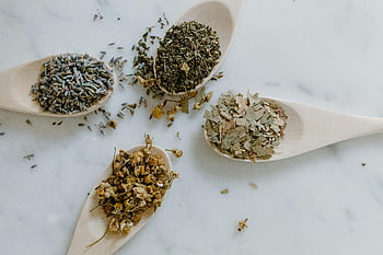 Bylinné léky, vařečky, sušené rostliny, bylinné přípravky, alternativní medicína, režijní pohled, sušené byliny, přírodní prostředky, Bylinná terapie, rostlinná medicína, uspořádání lžíce