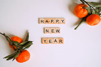 Happy New Year, Scrabble tiles, fresh mandarins, festive decor, letter tiles, mandarins, New Year message, Scrabble letters, holiday decoration, orange fruit, white background