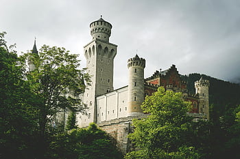 castello di neuschwanstein, torre del castello, vegetazione lussureggiante, Baviera, Germania, Immagine sbalorditiva, architettura storica, castello da favola, Castello europeo, destinazione del viaggio, vista panoramica