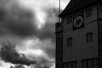 budynek, fasada, zegar, Struktura, architektura, kamieniarstwo, czarny i biały, monochromia, pochmurny, ponury, esslingen