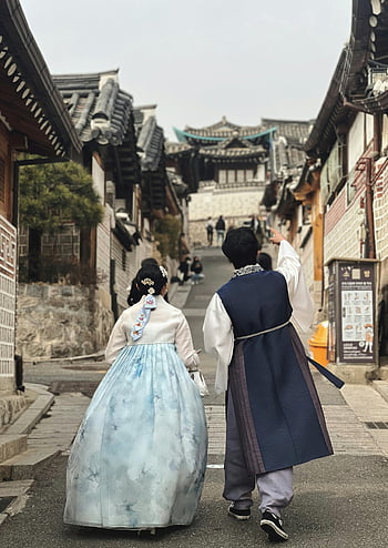 한국 한복 전통, 두, 북촌 한옥 마을, 대한민국, 매력적인 거리, 전통 의상, 골목, 문화 복장, 역사적인 마을, 한국 패션