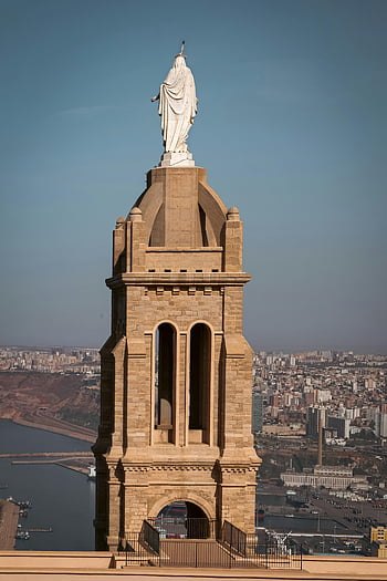 Katedra Notre Dame de Santa Cruz, Fort Santa Cruz, oran, Algieria, jasne błękitne niebo, wspaniały widok, rzeźba, pejzaż miejski, pomnik historyczny, statua religijna, wieża