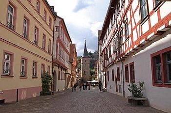 město, ulice, domy, budov, fasáda, věž, hrázděné domy, vnitřní město, architektura, Německo, Karlstadt Am Main