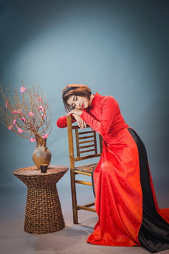 ao dai, divat, nő, vietnami, Vörös Ao Dai, Vietnami nemzeti ruha, hagyományos ruha, hagyományos, szépség, szép, lány