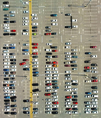 Cars on Car Park, drone shot, organized parking lot, colorful parking lot, Rostov-on-Don, Russia, aerial view, parking spaces, vehicle parking, top-down view, urban parking