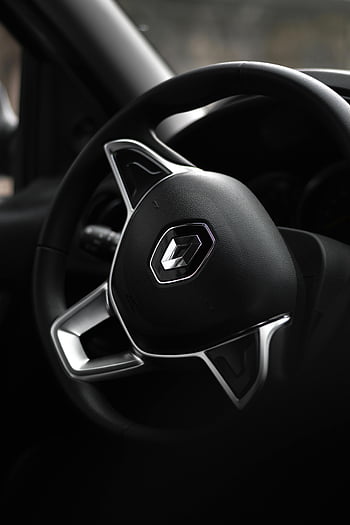Renault Clio, volant, detailní fotografie, černý volant, logo značky, Podrobný detail, interiér vozu, volantu vozidla, Logo Renault, volant auta, automobilového designu