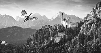 fantasy, dragon, castle, fairytale, legend, creature, mythology, story, monochrome, tale, middle Ages