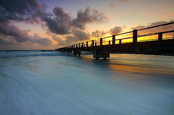 fából készült móló, óceánhullámok, napnyugta, Élénk ég, nyugodt jelenet, móló az óceánba, naplemente fotózás, óceán fotózás, strand naplemente, hosszú expozíció, nyugodt táj