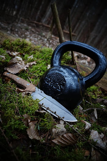 knife, kettlebell, wild, forest, nature, background, wilderness, wood, adventure, compass, travel