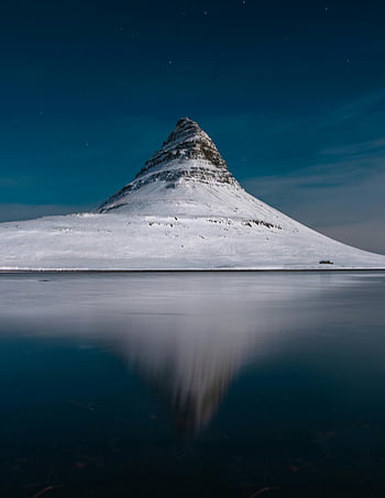 Kirkjufell Mountain, night view, snow-capped, water reflection, Iceland, majestic, breathtaking, landscape, winter, nature, stars