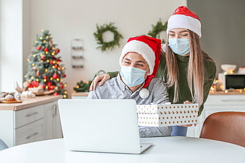 Vánoce, pár, Dovolená, covid-19, tvář, maska, koronavirus, santa, čepice, zoom, volání