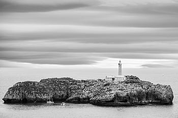 island, nature, lighthouse, sea, landscape, clouds, weather, sailboats, navigation, black And White