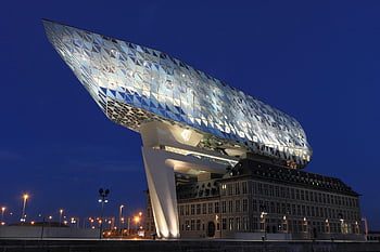 Havenhuis, Antwerp, Belgium, modern architecture, illuminated building, glass building, dusk, low angle photo, lighted glass, contemporary design, urban skyline