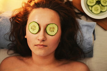 cucumber facial, spa treatment, skin care, relaxation, woman, white textile, sliced cucumbers, rejuvenation, facial treatment, spa