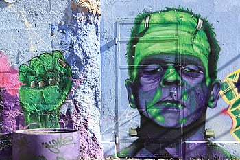 frankenstein, monster, graffiti, spray Can, wall Art, sprayer, halloween, large Screen, green, street Art, colour