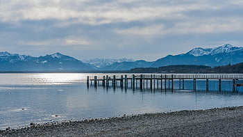 湖、 桟橋、 山岳、 遊歩道、 アルプス、 高山、 穏やかな水、 風景、 バンク、 水、 空