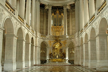 Royal Chapel, Versailles France, Intricate architecture, grand columns, golden decor, interior design, Versailles Palace, ornate details, religious architecture, historical landmark, baroque style