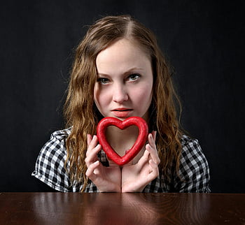 woman, red heart, heart shape ornament, love, emotion, wavy hair, young woman, red heart shape, symbolizing love, portrait, valentine's day