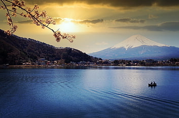 See, Berg Fuji, Sonnenuntergang, das Wasser, Natur, Kirschblüten, Dämmerung, Sonne, das Sonnenlicht, Vulkan, Japan