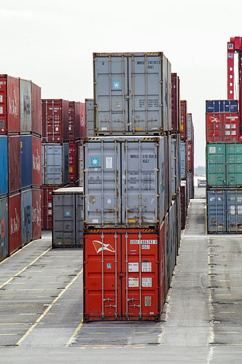 stacks of containers, colorful shipping containers, industrial port, logistics, vertical shot, Maersk containers, shipping logistics, container stacks, port logistics, container terminal, industrial shipping