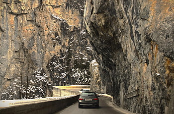 rocks, gorge, mountains, lodgement, way, horse, travel, wall, turn, nature, snow