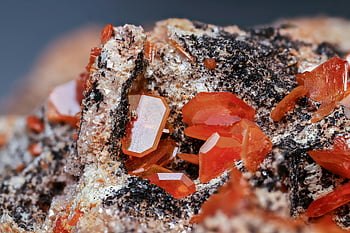 red crystals, rock, orange wulfenite, mineral surface, close-up, detailed, crystal formations, geological, natural minerals, orange crystals, wulfenite crystals