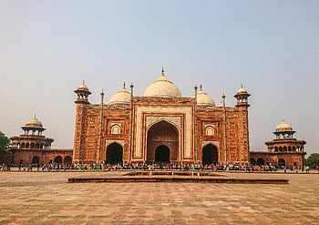 Taj Mahal, Agra Mosque, architectural landmark, India, daylight, famous building, historical site, tourist attraction, white marble, Mughal architecture, UNESCO World Heritage Site