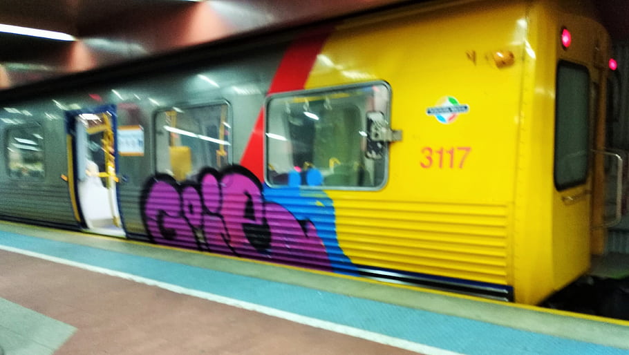 vlak, graffiti, 3117, metro adelaide, plošina, žlutá, boční, malované, muck, kvalita fotografie, pospěš si