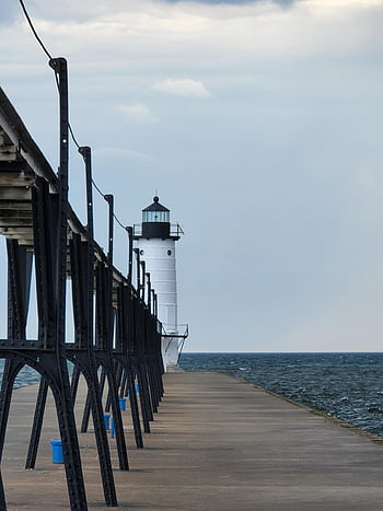 lighthouse, lake Michigan, pier, horizon, nature, harbor, water, manistee