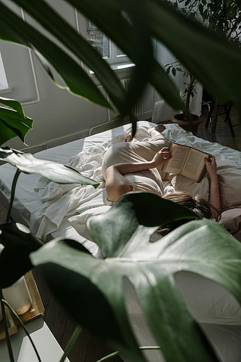 Donna sdraiata sul letto, foglie verdi, libro da leggere, luce naturale, circondato da verde, piante d'appartamento, Camera da letto accogliente, Atmosfera rilassata, luce del mattino, ambientazione pacifica, giardino interno