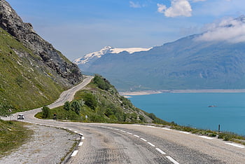 krajina, horské krajiny, Col Du Montcenis, francouzské Alpy, Lac de Montcenis, modré jezero, horské silnici, pozadí krajiny, krajina tapety