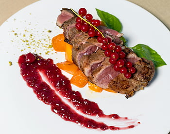 cooked food, white ceramic plate, sliced duck breast, red currant sauce, gourmet dining, dining experience, plated dish, fine dining, food presentation, culinary art, red sauce