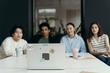 people sitting, laptop, office setting, diverse team, tech stickers, group meeting, focused team, programming languages, collaborative work, modern workspace, professional environment