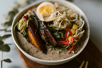 ramen bowl, cooked food, egg, pork belly, fresh vegetables, flavorful ramen, noodles, soup, Asian cuisine, meal, dish