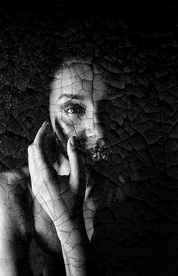 black and white, double exposure, portrait, woman, cracked texture, mystery, elegance, touching face, darkness, artistic, monochrome