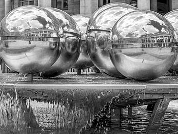 balls, metal Ball, metal, fountain, reflection, architecture, decoration, water Feature, black-and-white