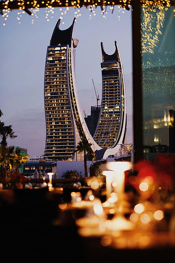 Katara Towers, doha, Světla panoráma města, soumrak, Kultovní budovy, katar, městské panorama, moderní architektura, večerní pohled, světla města, dvojčata