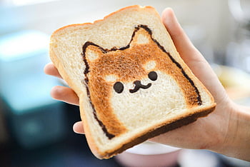shiba inu, Toast umění, Snídaně zábava, Plátek bochníku chleba, psí obličej, Roztomilý toast, ruka hospodářství, jasné nastavení, rozkošný toast, Zábavná snídaně, Shiba inu toast