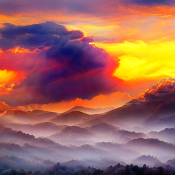 sunset, beautiful Wallpaper, mountains, fog, clouds, forest, nature, background, wallpaper, landscape, colorful