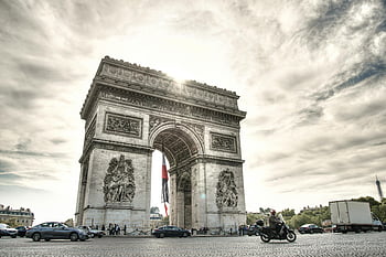 Arc de Triomphe, Paris, Eiffel Tower, daytime view, traffic, France, landmark, monument, cityscape, travel, architecture