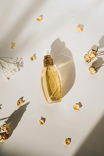 glas parfume flaske, hvid overflade, tørrede blomster, fladt læg, skygger, stilfuld, duft, skønhedsprodukt, minimalistisk, stilleben, æstetisk