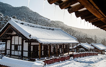 chrám, Korea, zimní, sníh, krajina, sekce, buddhismus, cestovní ruch, cestovat, mono, Příroda