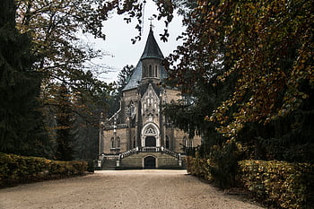 Gothic Revival chapel, autumn forest, Třeboň, Czechia, Gothic architecture, forest chapel, autumn trees, Gothic Revival, forest setting, autumn scenery, Gothic chapel